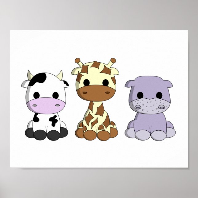 Niedliches Baby-Kuh-Giraffe Hippo-Cartoon Kinderzi Poster (Vorne)
