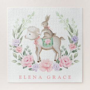 Niedliches Baby Lamb & Bunny Floral Greenery Oster Puzzle