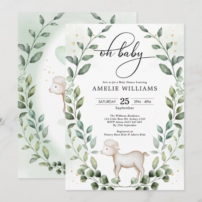 Niedliches Baby Lamb Grünpflanzendusche Einladung (Vorne/Hinten)