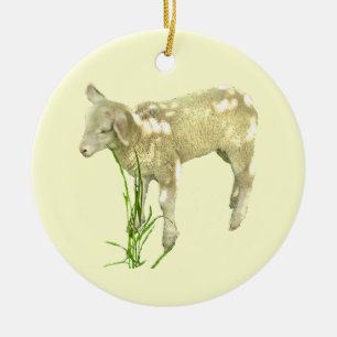 Niedliches Baby Lamm Eating Gras auf Gelb Ornament