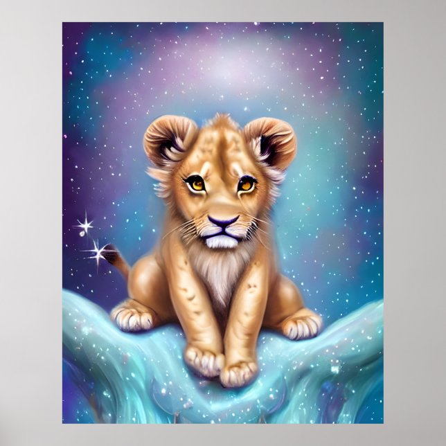 Niedliches Baby Lion Cub Snowy Hintergrund Poster (Vorne)