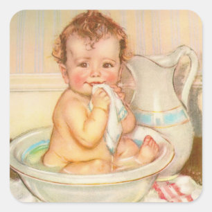 Niedliches Baby mit Bad Quadratischer Aufkleber