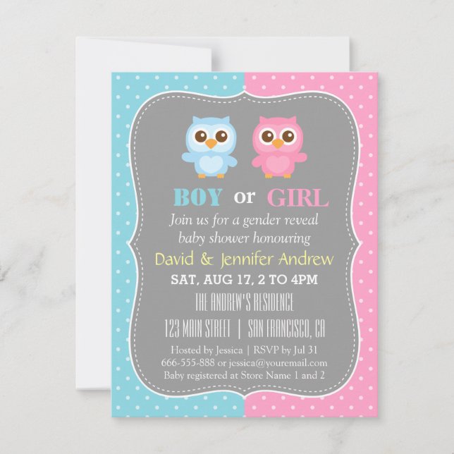 Niedliches Baby Owl Thema Gender Reveal Party Einladung (Vorderseite)