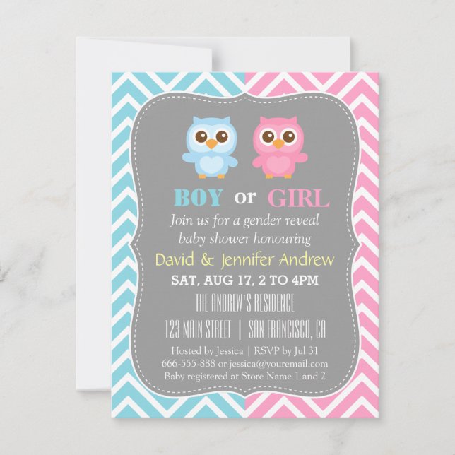 Niedliches Baby Owl Thema Zickzack Gender Reveal P Einladung (Vorderseite)