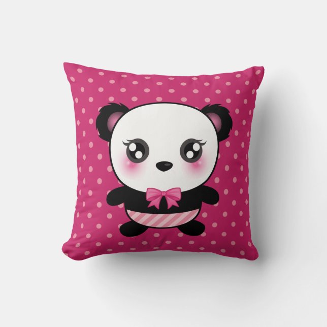 Niedliches Baby Panda Bear Pink Polka Dots Muster Kissen (Vorderseite)