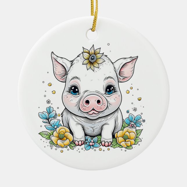 Niedliches Baby-Piglet mit Blume auf ihrem Kopf Keramik Ornament (Vorne)