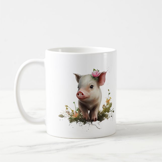 Niedliches Baby-Piglet mit Blume Kaffeetasse (Links)