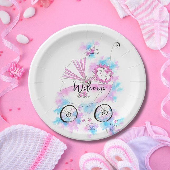 Niedliches Baby Pram Aqua Pink Aquarell Aqua Line  Pappteller (Von Creator hochgeladen)