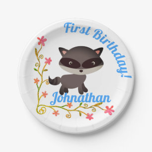 Niedliches Baby Raccoon mit Blume Pappteller
