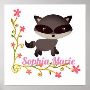 Niedliches Baby Raccoon mit Blume Poster