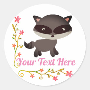 Niedliches Baby Raccoon mit Blume Runder Aufkleber