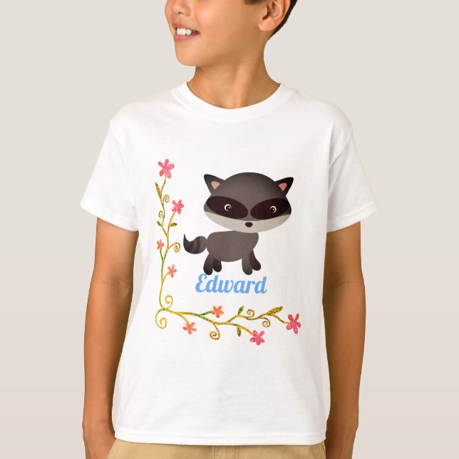 Niedliches Baby Raccoon mit Blume T-Shirt (Vorderseite)