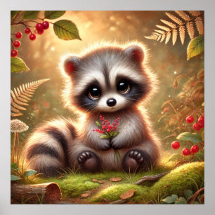 Niedliches Baby Raccoon mit Red Berries - Waldland Poster