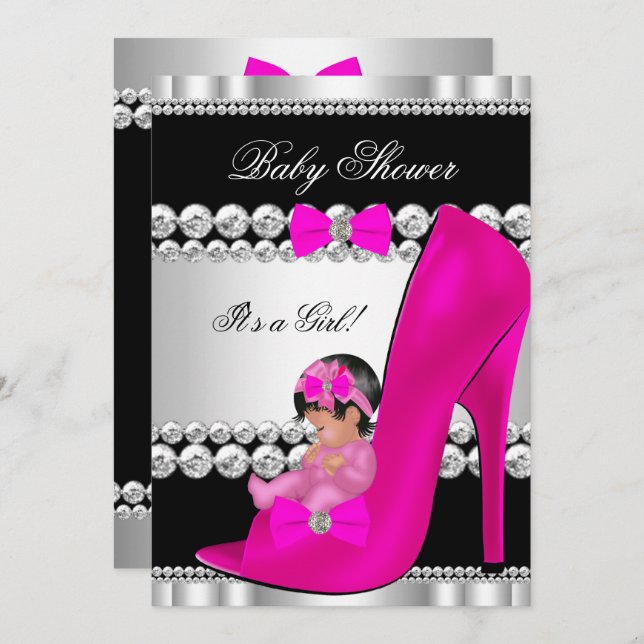 Niedliches Baby Shower Girl Hot Pink Baby in Schuh Einladung (Vorne/Hinten)