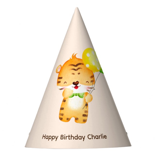 Niedliches Baby Tiger mit Ballon, Geburtstag Partyhütchen (Vorderseite)