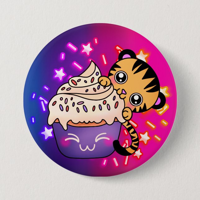 Niedliches Baby Tiger mit kosmischem Star Cupcake Button (Vorderseite)