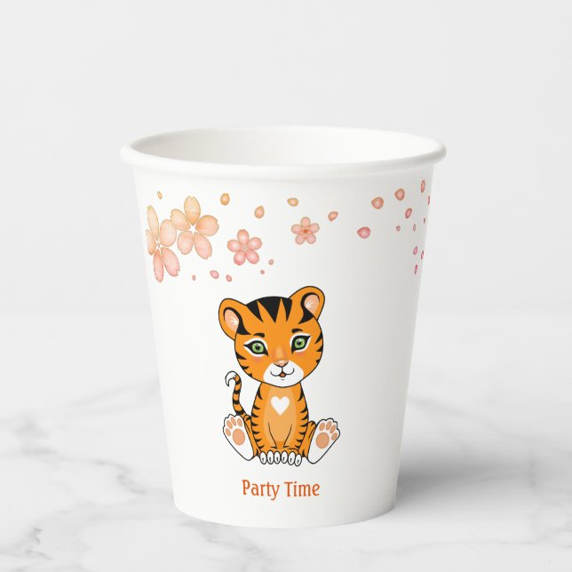 Niedliches Baby Tiger & Pink Blume Party Papiersor Pappbecher (Vorderseite)
