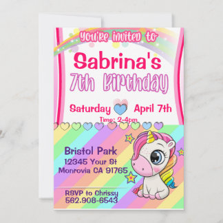 Niedliches Baby Unicorn 7. Geburtstagseinladung Einladung