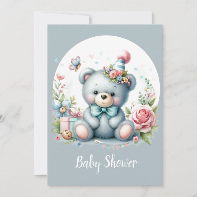 Niedliches Baby Watercolor Teddy Bear Baby Einladung (Vorderseite)