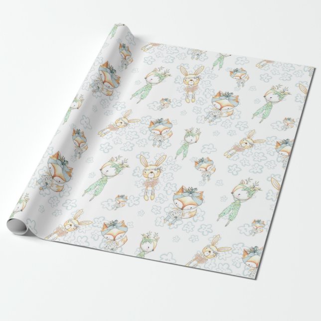 Niedliches Baby Woodland Forest Animes Fox Bunny Geschenkpapier (Ungerollt)
