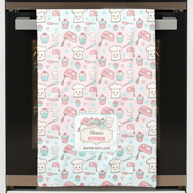 Niedliches Backen Rosa Blue Cupcake Name Geschirrtuch (Cute Baking Pink Blue Cupcake Name Kitchen Towel)
