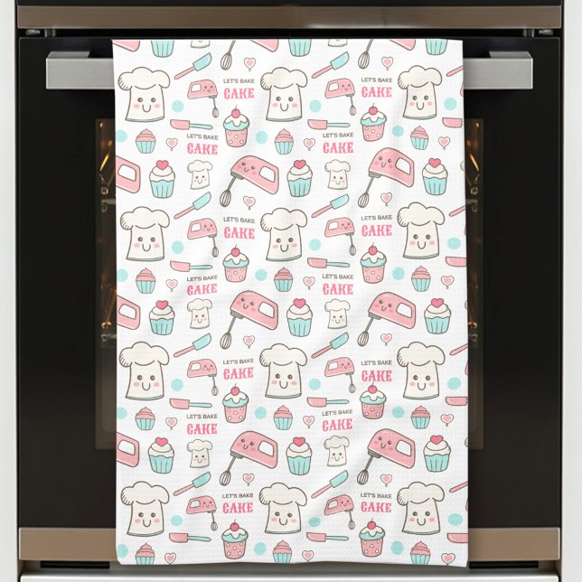 Niedliches Backen Rosa Weißer Cupcake Eigener Text Geschirrtuch (Cute Baking Pink Blue White Cupcake Custom Text Kitchen Towel)