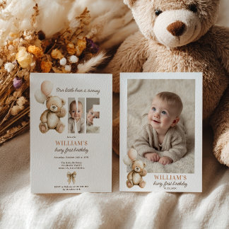 Niedliches Bärenbart 1. Geburtstag Teddy Bear Foto Einladung