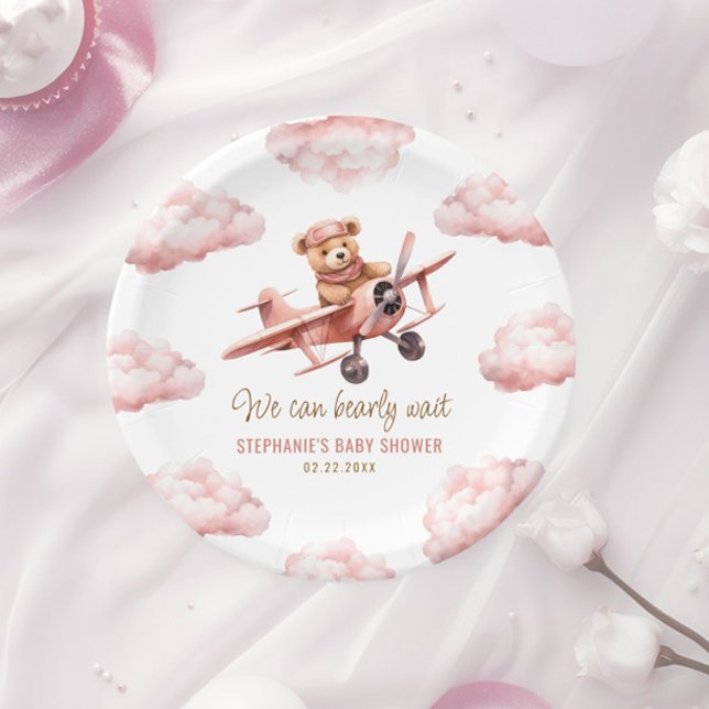 Niedliches Bärenflugzeug Pink Girl Babydusche Pappteller (Cute Bear Airplane Pink Girl Baby Shower Paper Plates)