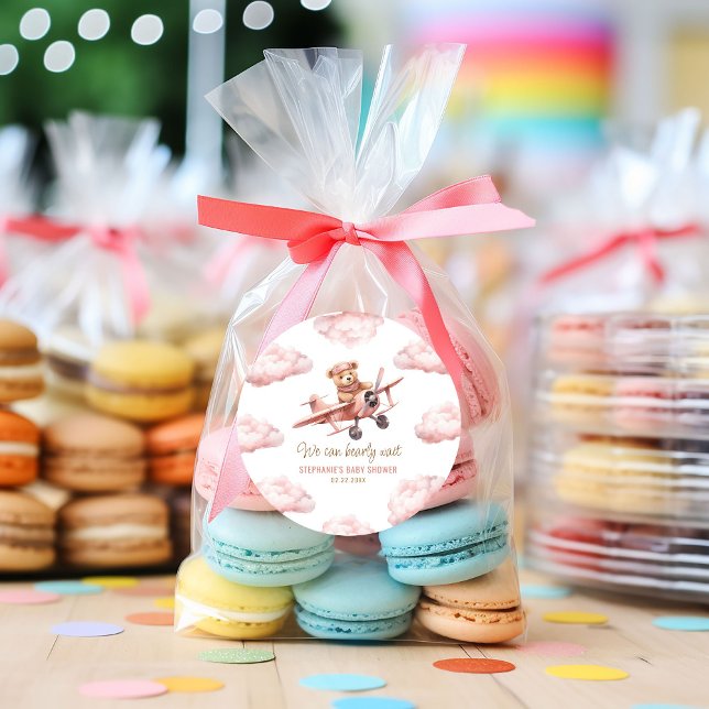 Niedliches Bärenflugzeug Pink Girl Babydusche Runder Aufkleber (Cute Bear Airplane Pink Girl Baby Shower Classic Round Sticker)