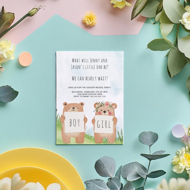 Niedliches Bärengeschlecht: Party Junge oder Mädch Einladung (Adorable bearly wait gender reveal. Two cute bears—one holding a “Boy" sign the other "Girl" sign)