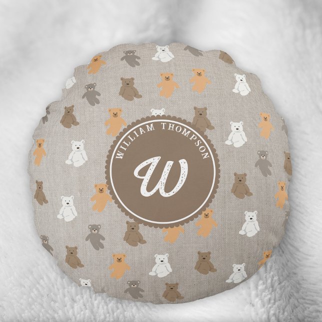 Niedliches Bärenmuster Anfangsmonogramm Rundes Kissen (Cute Bear Pattern Initial Monogram Round Pillow)