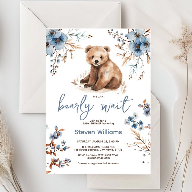 Niedliches Bärenwasser-Farbjunge Babydusche Einladung (Cute bear with rustic blue flowers baby shower invitation)