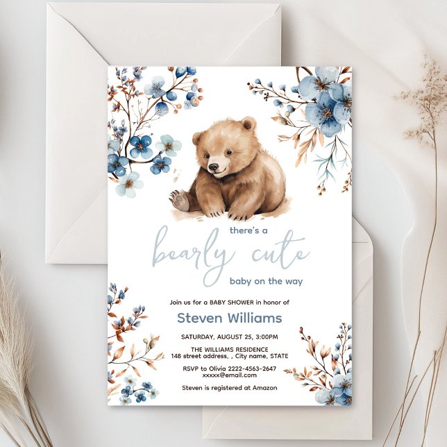 Niedliches Bärenwasser-Farbjunge Babydusche Einladung (Cute bear with rustic blue flowers baby shower invitation)