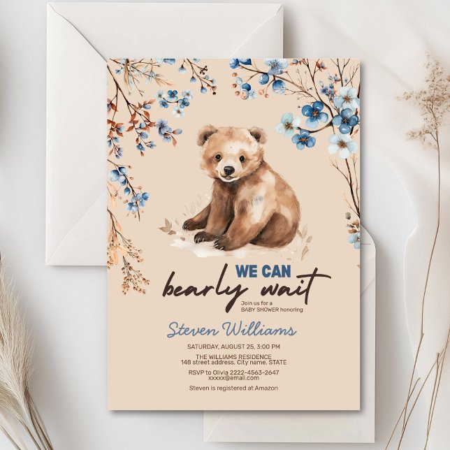 Niedliches Bärenwasser-Farbjunge Babydusche Einladung (Cute bear with rustic blue flowers baby shower invitation)
