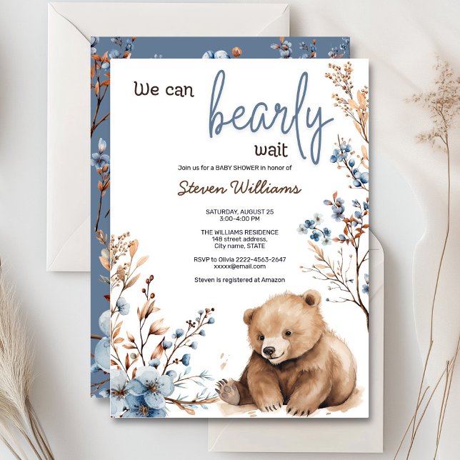 Niedliches Bärenwasser-Farbjunge Babydusche Einladung (Cute bear with rustic blue flowers baby shower invitation)