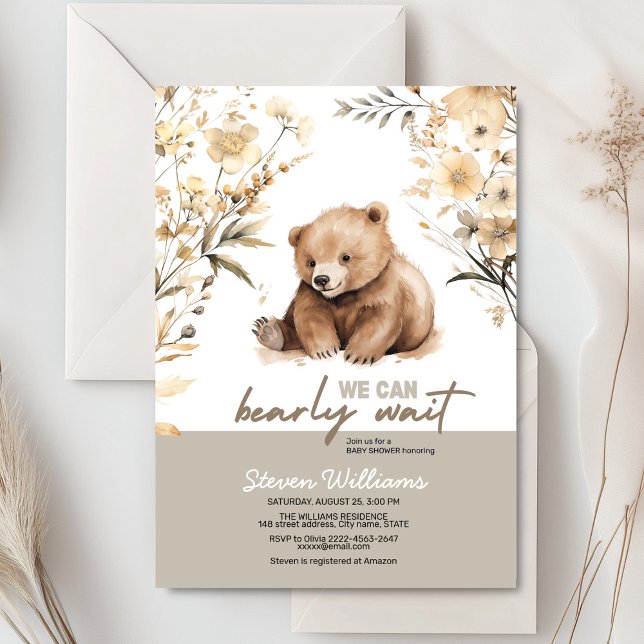 Niedliches Bärenwasser-Farbjunge Babydusche Einladung (Cute bear with rustic beige flowers baby shower invitation)