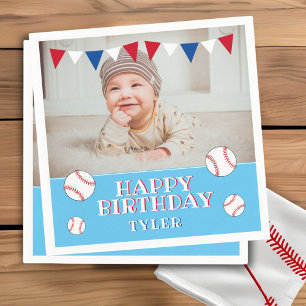 Niedliches Baseball Blue Kids Foto Geburtstagspart Serviette