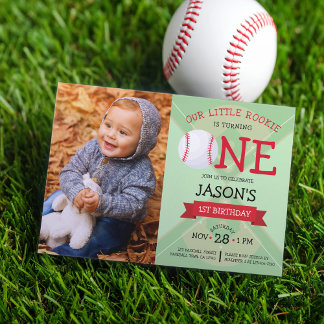 Niedliches Baseball Pitch & Ribbon Foto 1. Geburts Einladung