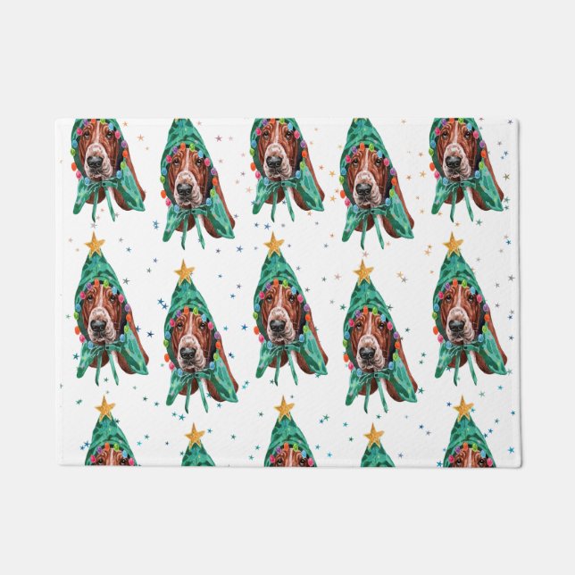 Niedliches Basset Hound Dog Muster Weihnachten Fußmatte (Vorderseite)