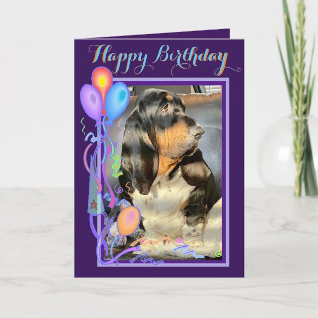 Niedliches Basset Hound on Funny Birthday Card W/B Karte (Vorderseite)