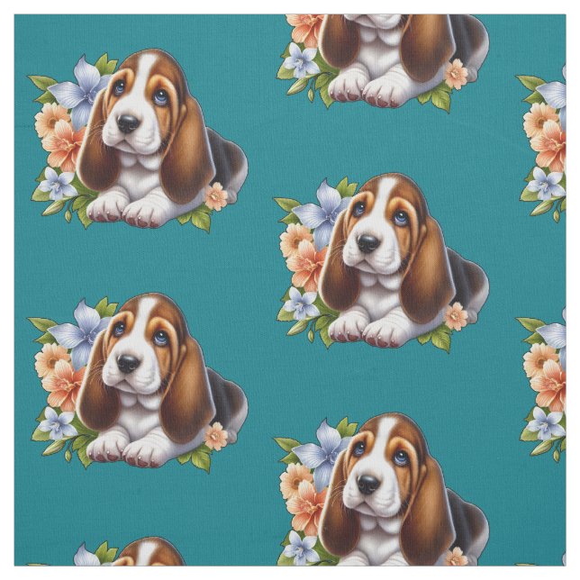 Niedliches Basset Hound Welpe Sitzen mit Blume Stoff (Muster)