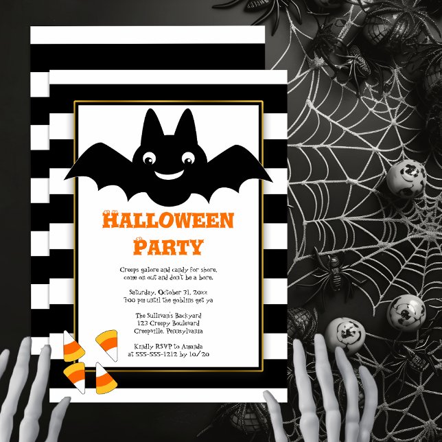 Niedliches Bat BW Streifen Candy Corn Halloween-Pa Einladung (Cute Bat Black and White Stripes Candy Corn Halloween Party Invitation -- Print | Digital Download)