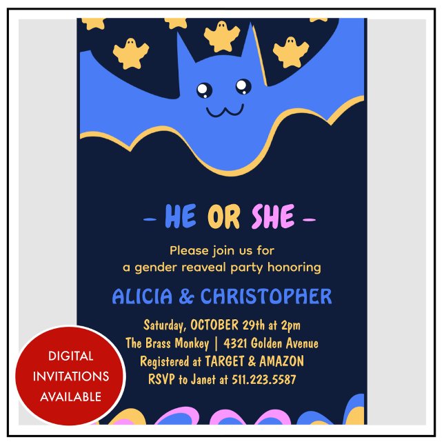 Niedliches Bat He or She Halloween Einladung (Cute-Bat-He-or-She-Halloween-gender-reveal-Invitation-1)