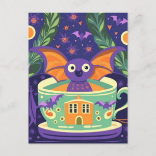 Niedliches Bat im Halloween-Teacup Postkarte