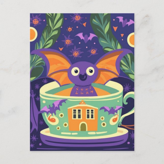 Niedliches Bat im Halloween-Teacup Postkarte (Vorderseite)