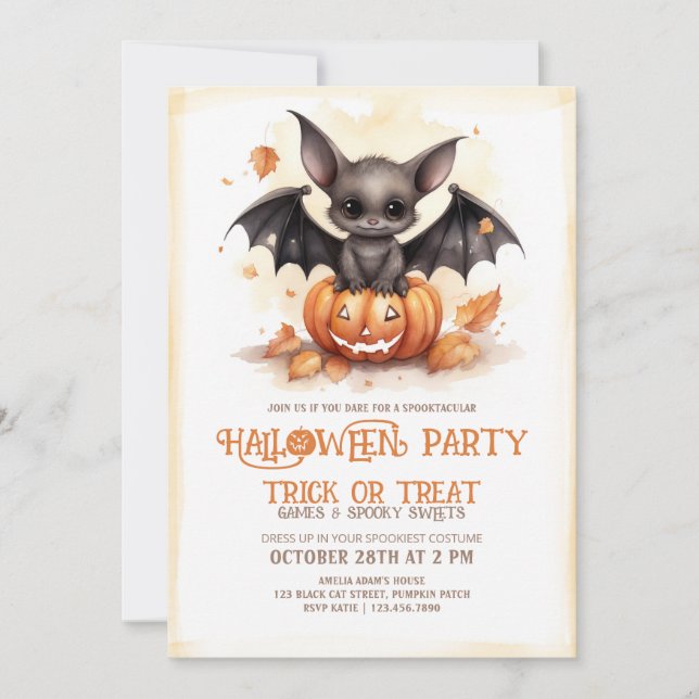 Niedliches Bat- und Pumpkin-Halloween-Party Einladung (Vorderseite)