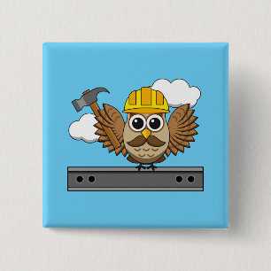 Niedliches Bauarbeiter-Owl mit Hard Hat Cartoon Button