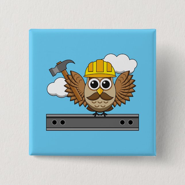 Niedliches Bauarbeiter-Owl mit Hard Hat Cartoon Button (Vorderseite)