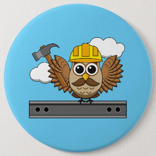 Niedliches Bauarbeiter-Owl mit Hard Hat Cartoon Button