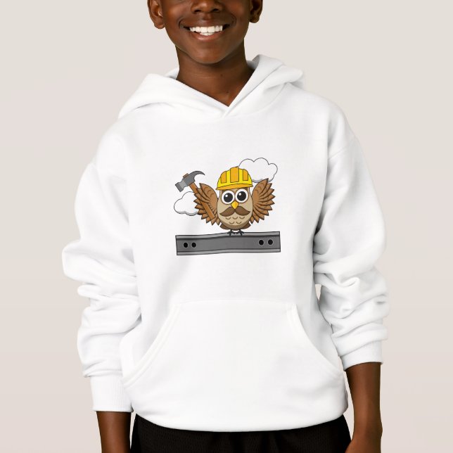 Niedliches Bauarbeiter-Owl mit Hard Hat Cartoon Hoodie (Vorderseite)